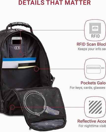 SwissGear 1900 ScanSmart 17” Laptop Backpack Black/Black – Reflective Tech Backpack with ScanSmart Compartment – Multiple Organizer Pockets & RFID Scan Blocking Technology