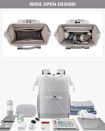 LOVEVOOK 17.3 Inch Laptop Backpack for Women, Large Capacity Travel Backpack with Organizer Bag, Waterproof Carry on Backpack Work Bag with USB Port, Teacher Nurse Backpack Purse,2PCS,Beige-Light Grey