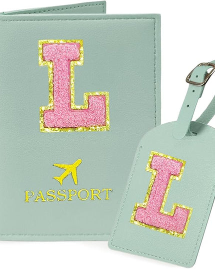 COSHAYSOO Initial Passport Cover Luggage Tag Set Letter Passport Holder Airplane Cruise Travel Essentials Vacation Traveling Accessories Personalized Gifts for Women Teen College Girls Teal L