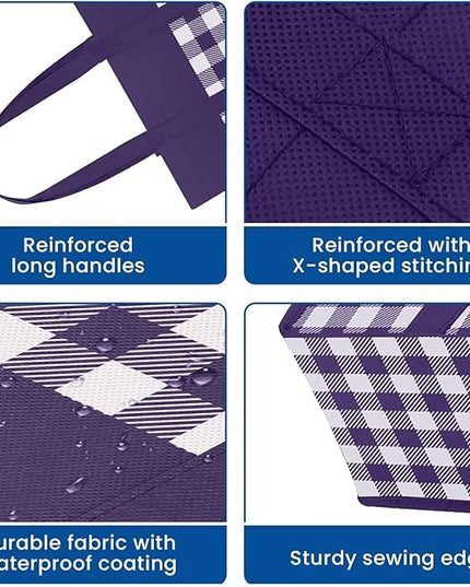 WISELIFE Reusable Grocery Shopping Bags 10 Pack Large Foldable Tote Bags Bulk, Long Handle for Shopping Groceries Clothes (Plaid C)