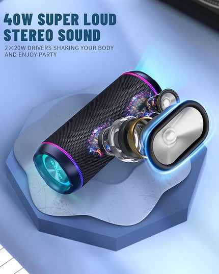 Ortizan Portable Bluetooth Speaker, 40W Loud Sound and Deep Bass, IPX7 Waterproof, True Wireless Stereo, Bluetooth 5.3, Colorful Flashing Lights, Preset EQ, USB Play, for Home, Outdoor, Party, Black