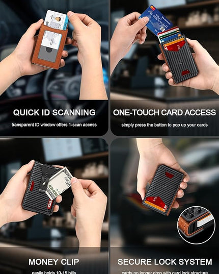 Ruiici Wallet for Men, Slim Minimalist Wallet with Money Clip＆ID Window, RFID Blocking Pop-Up Credit Card Holder, Smart Auminum Mens Wallet Holds 9-13 Cards (Gift Box) (Carbon Fiber & Orange)