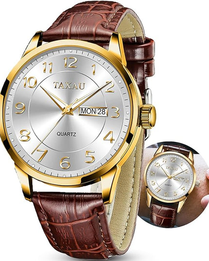 Mens Leather Watch Large Face Classic Quartz Mens Analog Watches Luxury Dress Watches for Men Waterproof Men's Wrist Watch Easy Read with Date Number Dial Relojes para Hombre