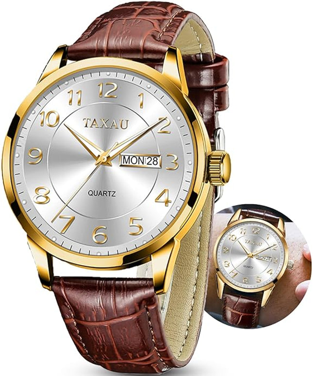 Mens Leather Watch Large Face Classic Quartz Mens Analog Watches Luxury Dress Watches for Men Waterproof Men's Wrist Watch Easy Read with Date Number Dial Relojes para Hombre