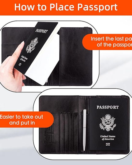 WALNEW Passport Holder for Travel, RFID Passport Cover Wallet for Women Men, PU Leather Passport Book Card Holder Case with Pen, Travelling Essentials for Flying