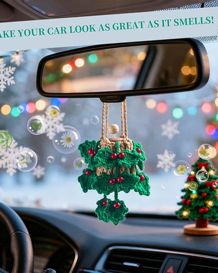Handmade Crochet Car Air Freshener - Crochet hanging holly plants with 12ml Empty Refillable Oil Diffuser Bottle, Green Car Accessory for Mirror Decor and Home Decor