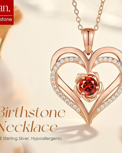 CDE Christmas Gifts for Women S925 Silver Rose Gold Heart Birthstone Necklaces for Women，Ideal Anniversary or Birthday Jewelry Gifts for Wife Girlfriend Her