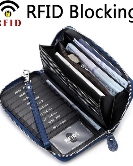 Moflycom Womens Wallet RFID Blocking Genuine Leather Multi Credit Card Large Capacity Zip Around Clutch Travel Purse Wristlet