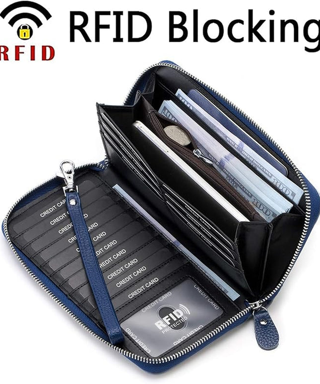 Moflycom Womens Wallet RFID Blocking Genuine Leather Multi Credit Card Large Capacity Zip Around Clutch Travel Purse Wristlet