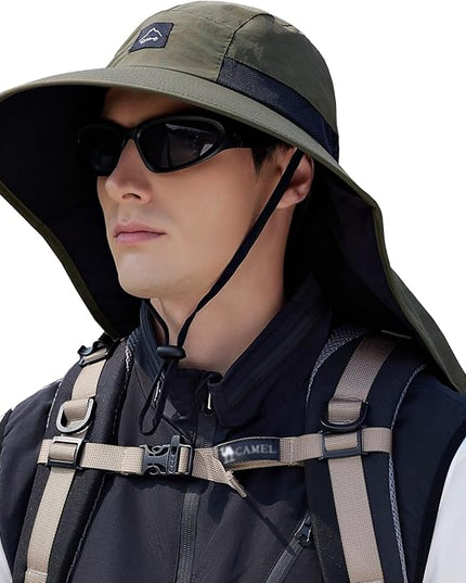 Rosoz Outdoor Sun Hat for Men Women, UPF50+ Protection Safari Cap Wide Brim Mesh Fishing Hat with Neck Flap Beach Garden