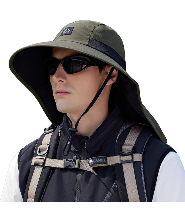 Rosoz Outdoor Sun Hat for Men Women, UPF50+ Protection Safari Cap Wide Brim Mesh Fishing Hat with Neck Flap Beach Garden