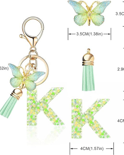Fashion Alphabet Initial Letter Keychain Tassel Butterfly Pendant Key Ring for Purse Handbags Women Girl