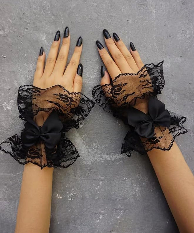 OYOANGLE Women's Floral Lace Bow Front Short Wrist Cuff Wedding Wrist Length Bridal Prom Gloves