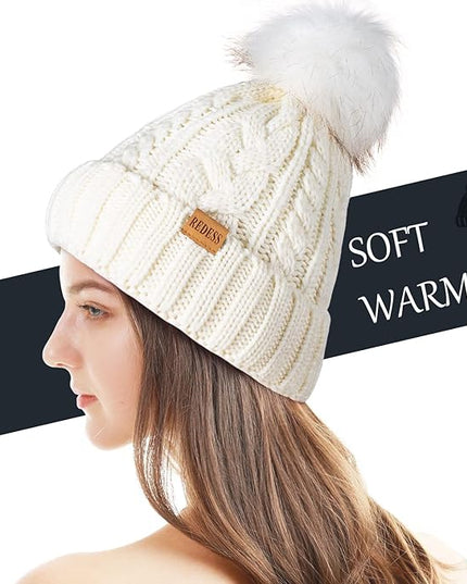 REDESS Women Winter Pompom Beanie Hat with Warm Fleece Lined, Thick Slouchy Snow Knit Skull Ski Cap