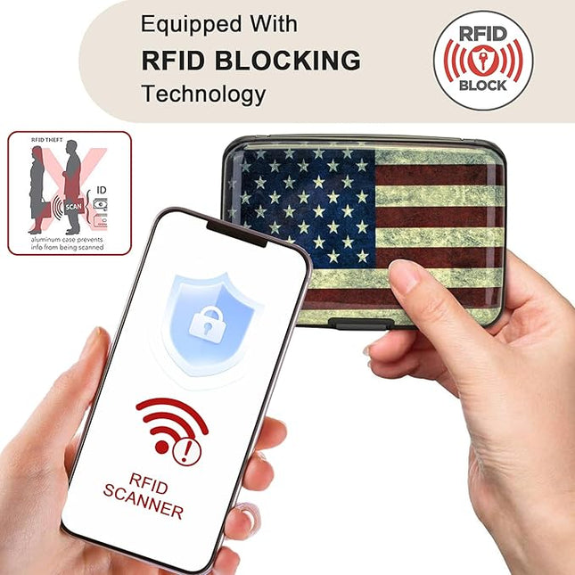 ELFISH Mini RFID Aluminum Wallet Credit Cards Holder Business Card Case Metal ID Case for Men Women (Flag)