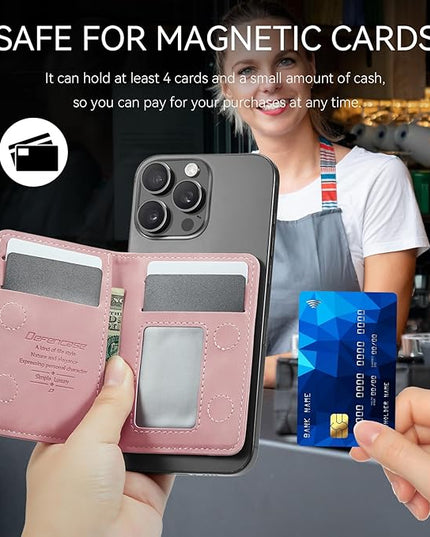 Defencase for Magsafe Wallet Magnetic Card Holder RFID Blocking, PU Leather Minimalist Phone Wallet for MagSafe Phones and Cases for iPhone 17/16/ 15/14/ 13/12/ Pro/Max/Plus/Air, Rose Pink