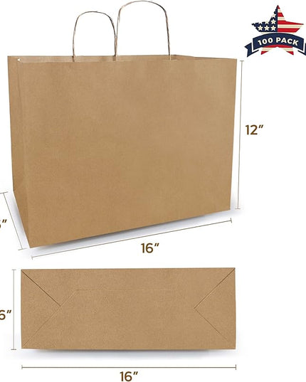 Qutuus 16x6x12 Inch 100 Pcs Kraft Paper Bags with Handles Bulk, Kraft Shopping Bags, Brown Paperbags with Handles, Large Brown Paper Sacks for Small Business, Boutique, Gift, Grocery