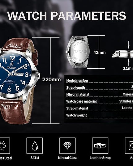 Men's Watches Leather Band Stainless Steel Quartz Analog Watch Luxury Waterproof Watches for Men Dress Men's Wrist Watch with Day Date Arabic Numeral Relojes para Hombre