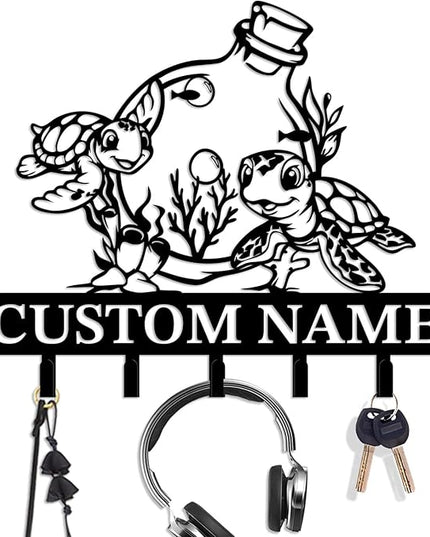 Casebrick Custom Sea Turtle Metal Wall Hooks,Key Holder-Personalized Iron Wall Decor for Keys, Coats & Home Organization (Black, Handmade,Decorative for Entryway, Beach,Bedroom,Office) (Style F)