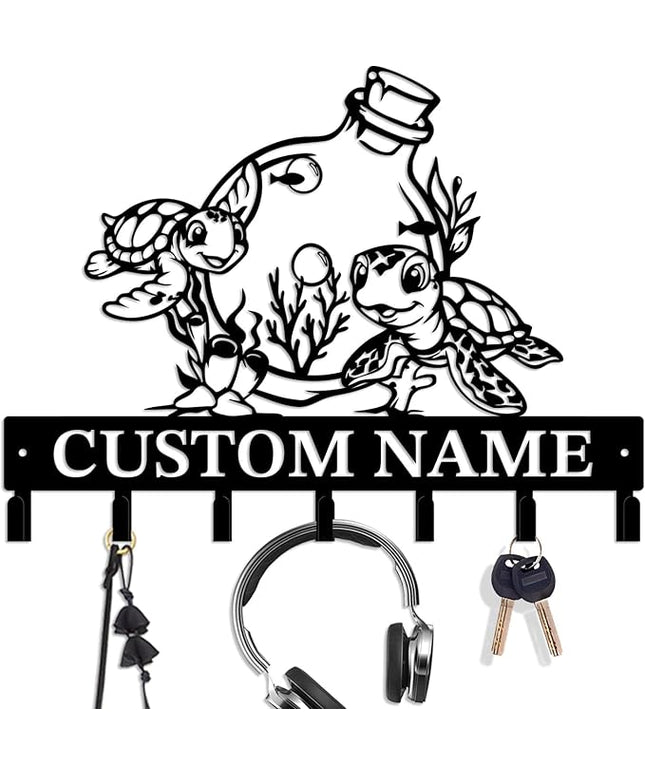 Casebrick Custom Sea Turtle Metal Wall Hooks,Key Holder-Personalized Iron Wall Decor for Keys, Coats & Home Organization (Black, Handmade,Decorative for Entryway, Beach,Bedroom,Office) (Style F)