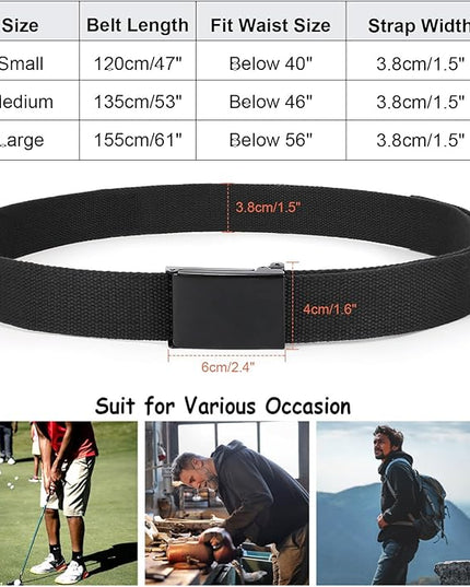 WHIPPY Canvas Web Belt Flip-Top Solid Black Military Buckle Fully Adjustable Mens Webbing Belts Cut To Fit