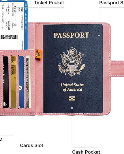 Passport Holder for Travel Women and Men RFID Passport Holder with Card Slots Holder Passport Case Passport cover Passport Wallet Travel Essentials and Accessories (Buckle, PINK)