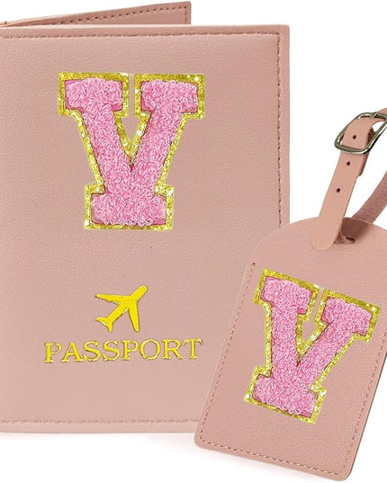 COSHAYSOO Initial Passport Cover Luggage Tag Set Letter Passport Holder Airplane Cruise Travel Essentials Vacation Traveling Accessories Personalized Gifts for Women Teen College Girls Pink V