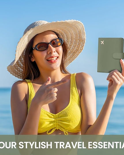 Passport Holder for Travel Essentials, RFID Blocking Leather Cover Wallet with Magnetic Closure, Aesthetic & Cute Passport Book Case for Women and Men - Green