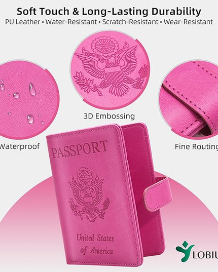 Passport Holder For Travel with Luggage Tag Cover – RFID Blocking Travel Passport Wallet Holder for Women/Family| PU Leather Passport Case with Extra Money Pocket/Magnetic Clasp, Pink