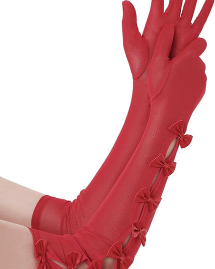 BABEYOND Lace Gloves for Women - Princess Gloves Long Stretchy Bow Mesh Tulle Sheer for Costume Opera Party