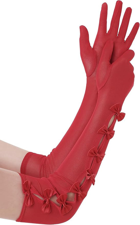 BABEYOND Lace Gloves for Women - Princess Gloves Long Stretchy Bow Mesh Tulle Sheer for Costume Opera Party