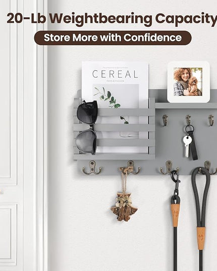 Nekon Mail Holder for Wall Mail Organizer with Key Hooks Hallway Farmhouse Decor Storage Racks with Floating Shelf and Flush Mount Hardware (16.8Inch x 10Inch x 3.2Inch) (Gray)