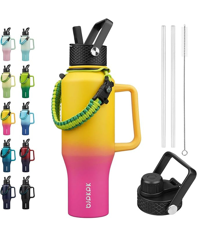 BJPKPK Insulated Water Bottles with Straw Lid, 35oz Metal Water Bottle with 2 lids & Paracord Strap, Double Wall Stainless Steel Tumbler with Handle, Reusable Cups, Mugs, Thermo, Pink & Yellow Rose