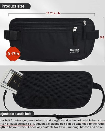 DAITET Money Belt - Passport Holder Secure Hidden Travel Wallet with RFID Blocking, Undercover Fanny Pack (Black)