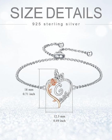 TOUPOP Gifts for Women Rose Heart Initial Bracelet 925 Sterling Silver Butterfly Letter Link Bracelet Love Jewelry Valentines Day Birthday Gifts for Her Wife Girlfriend Mom