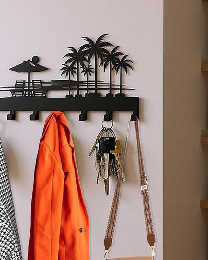 useNumber Bench Key Holder for Wall,Setting Sun and Coconut Trees Key Hooks Wall Mount Whith 7 Hooks,Tropical Style Key Hanger Wall Decor for Front Door,Hallway,Entryway,Office