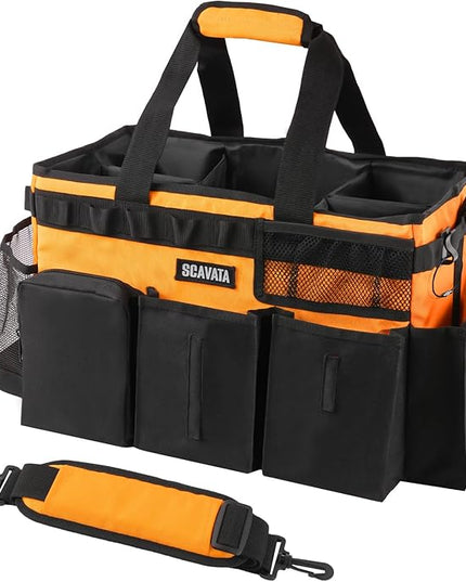 Wearable Cleaning Caddy Bag, Cleaning Caddy Supplies Organizer with Handle & Shoulder Straps for Housekeepers, Under Sink & Car Cleaning Tool Organizers with 4 Foldable Divider (Orange)
