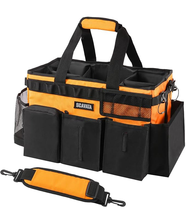 Wearable Cleaning Caddy Bag, Cleaning Caddy Supplies Organizer with Handle & Shoulder Straps for Housekeepers, Under Sink & Car Cleaning Tool Organizers with 4 Foldable Divider (Orange)