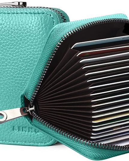 Linno RFID 20 Slots Credit Card Holder Genuine Leather Small Wallet for Women or Men with Zipper