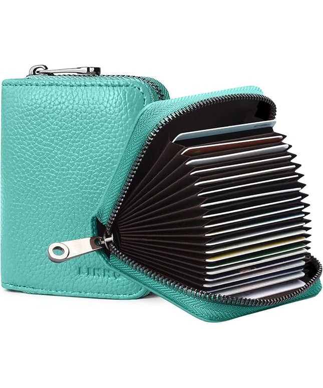 Linno RFID 20 Slots Credit Card Holder Genuine Leather Small Wallet for Women or Men with Zipper
