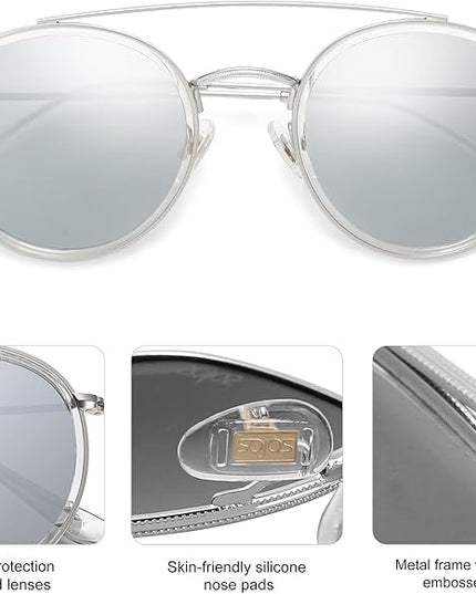 SOJOS Retro Vintage Round Polarized Sunglasses for Women Men Small Double Bridge Circle Sunnies SJ1104