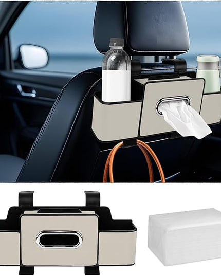 Car Back Seat Organizer with Tissue, Car Seat Back Tissue Box and Storage Hook, Multifunctional Car Organizer for Hold Phone,Drinks,Handbag,Compatible with Most Vehicles (Beige)
