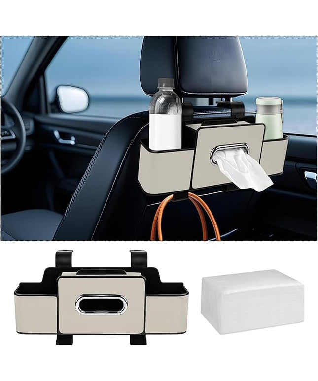 Car Back Seat Organizer with Tissue, Car Seat Back Tissue Box and Storage Hook, Multifunctional Car Organizer for Hold Phone,Drinks,Handbag,Compatible with Most Vehicles (Beige)