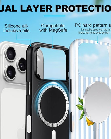 Magnetic for iPhone 17 Pro Max Case Cute Lemon Stripes Phone Case, Shockproof Slim TPU and Hard PC Protective Phone Cover Compatible with MagSafe Designed for Women Girls, Blue