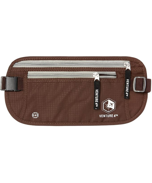 VENTURE 4TH Money Belt for Travel – Hidden Under-Clothes RFID Blocking Passport Holder & Slim Travel Wallet Pouch for Men & Women to Protect Cash, Cards & Documents (Brown)