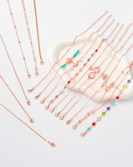 Starain 12Pcs Summer Beach Anklets for Women Waterproof Gold Silver Chain Ankle Bracelets Cute Women's Foot Anklet Set 7.9-10.5 inch Adjustable