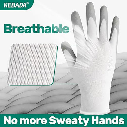 Kebada W1 Work Gloves for Men and Women, 12 Pairs Touchscreen Safety Gloves with Grip, PU-Coated, Ideal for Light & Medium Duty Tasks, White, XX-Large