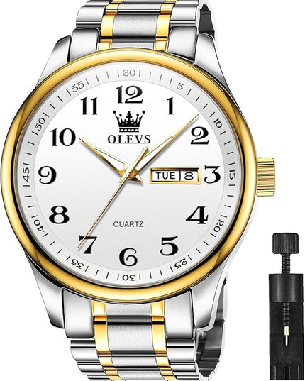 OLEVS Watches for Men Brown Leather Gold Case Analog Quartz Fashion Business Dress Watch Day Date Luminous Waterproof Casual Male Wrist Watches