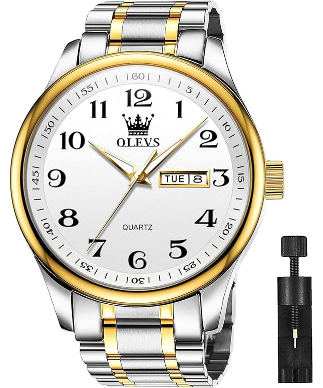 OLEVS Watches for Men Brown Leather Gold Case Analog Quartz Fashion Business Dress Watch Day Date Luminous Waterproof Casual Male Wrist Watches