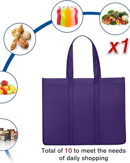 WISELIFE Reusable Grocery Shopping Bags 10 Pack Large Foldable Tote Bags Bulk, Eco Produce Bags with Long Handle for Shopping Groceries Clothes (Purple)
